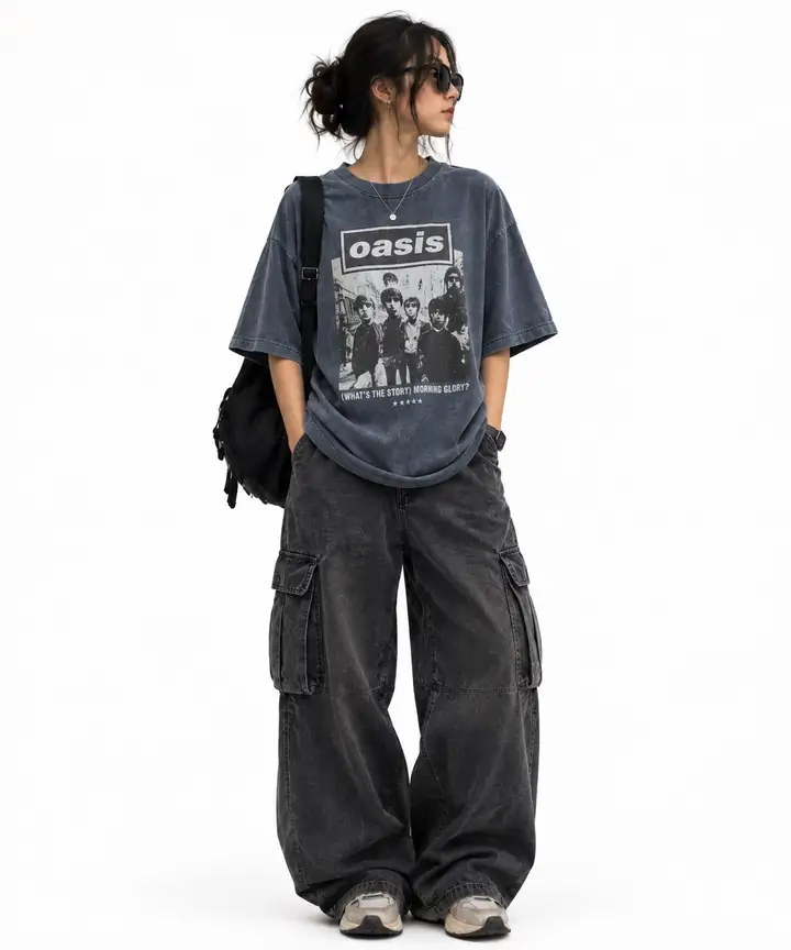 Morning Glory fit: Navy photo tee + charcoal cargos